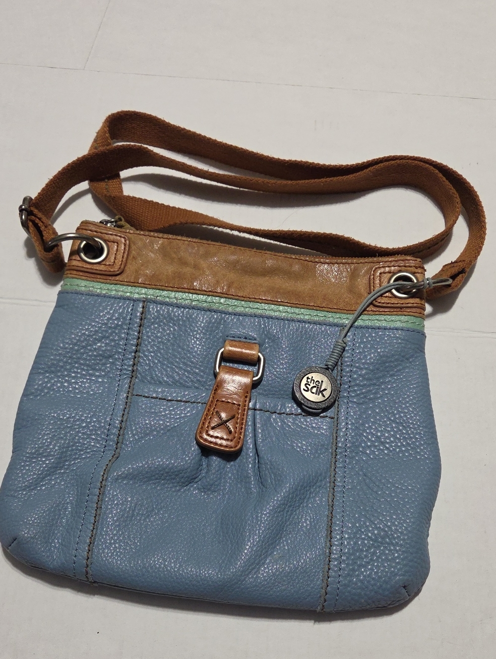 The Sak VINTAGE Blue Leather Crossbody with Brown Trim